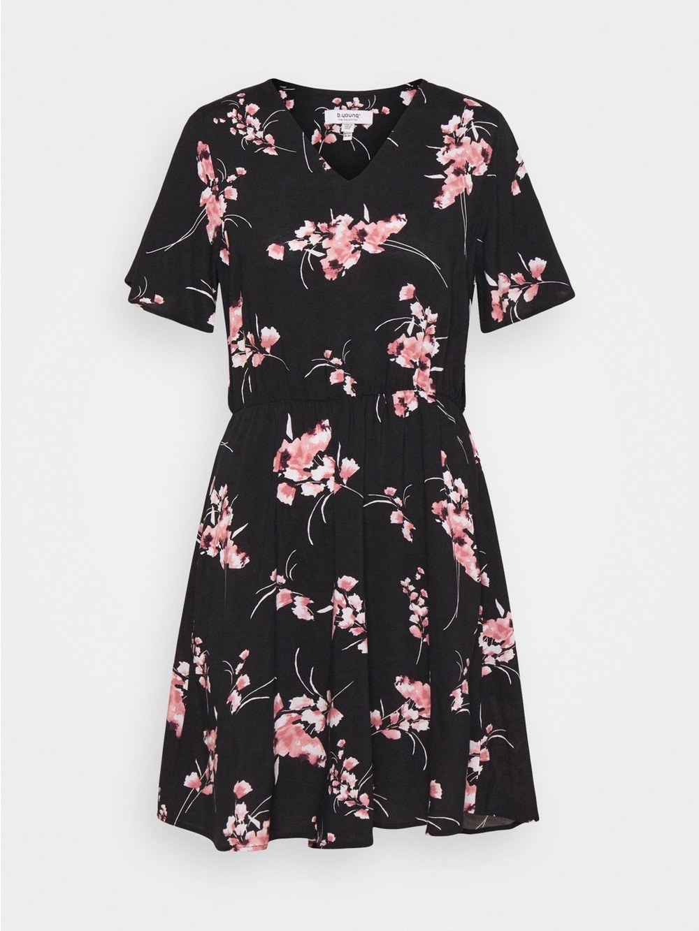 Black Floral V-Neck Short Sleeve Mini Dress by B. Young